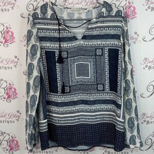 Simons contemporaine long sleeve tassle paisley Navy and White Patterned Blouse